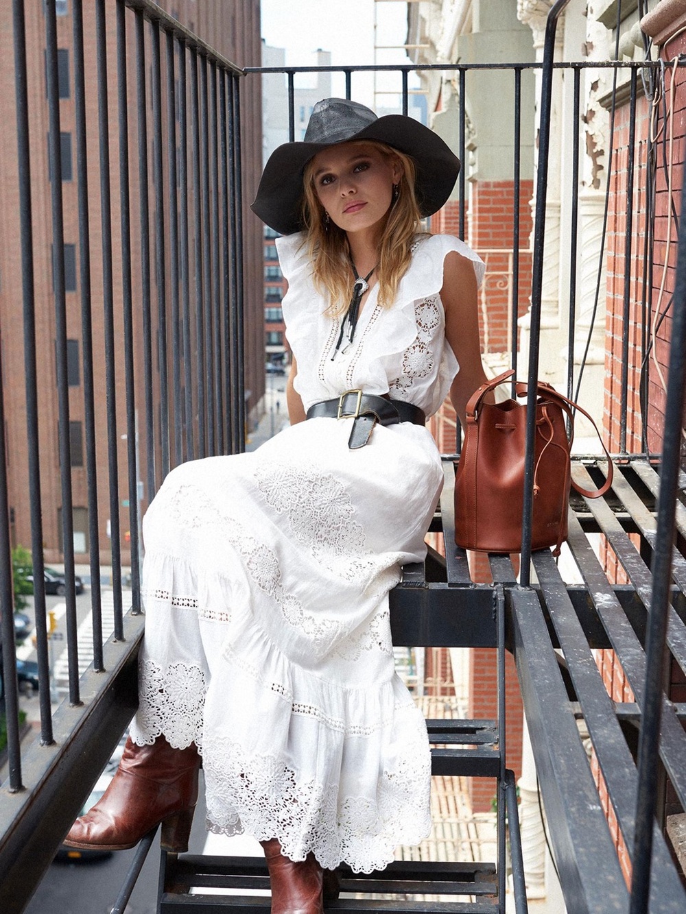 Sea New York x Sezane White Lace Maxi Dress with Ruffle Shoulders